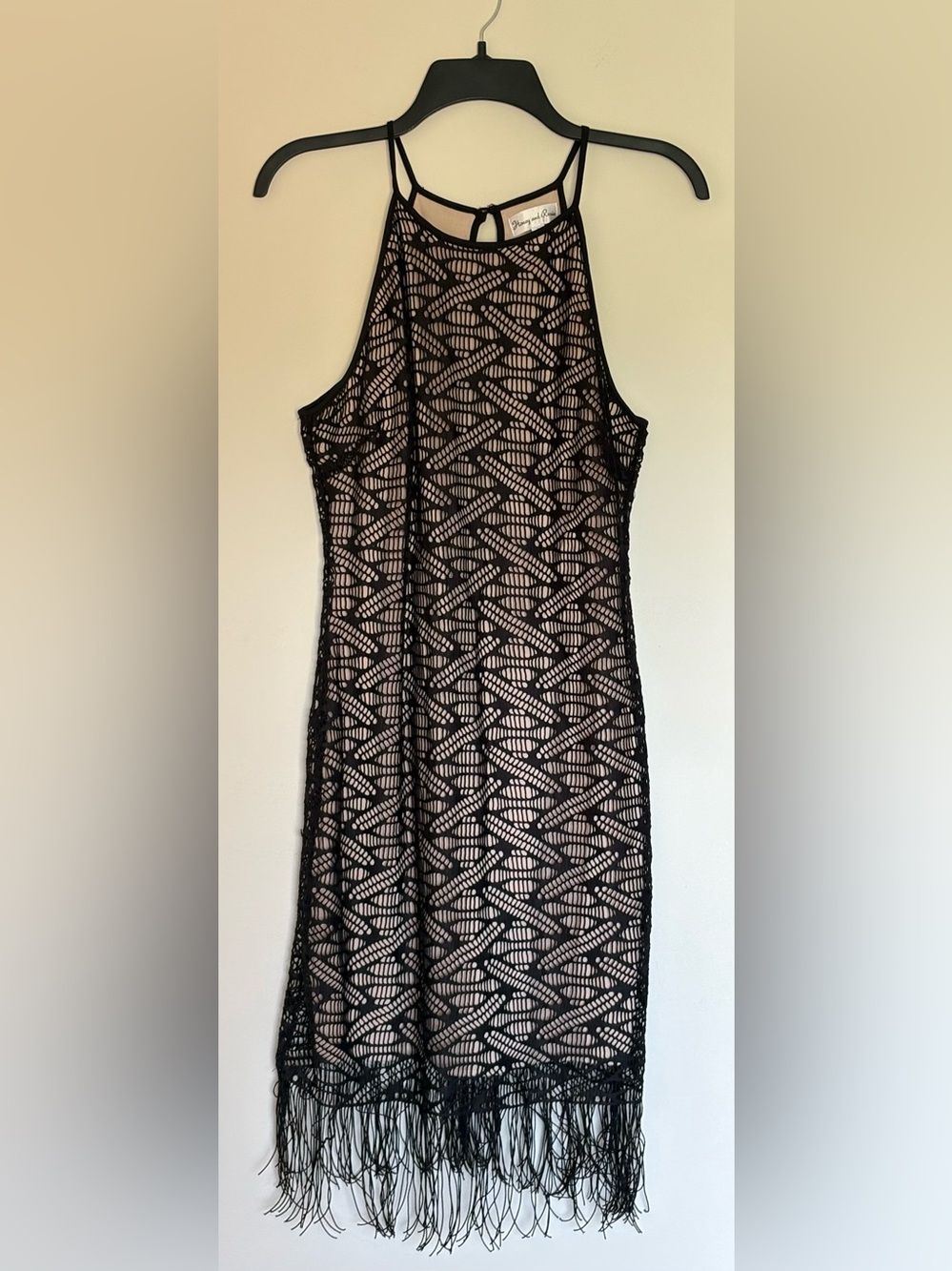 Honey and Rosie Black Lace Geometric Halter Dress with Fringe Hem - Size L